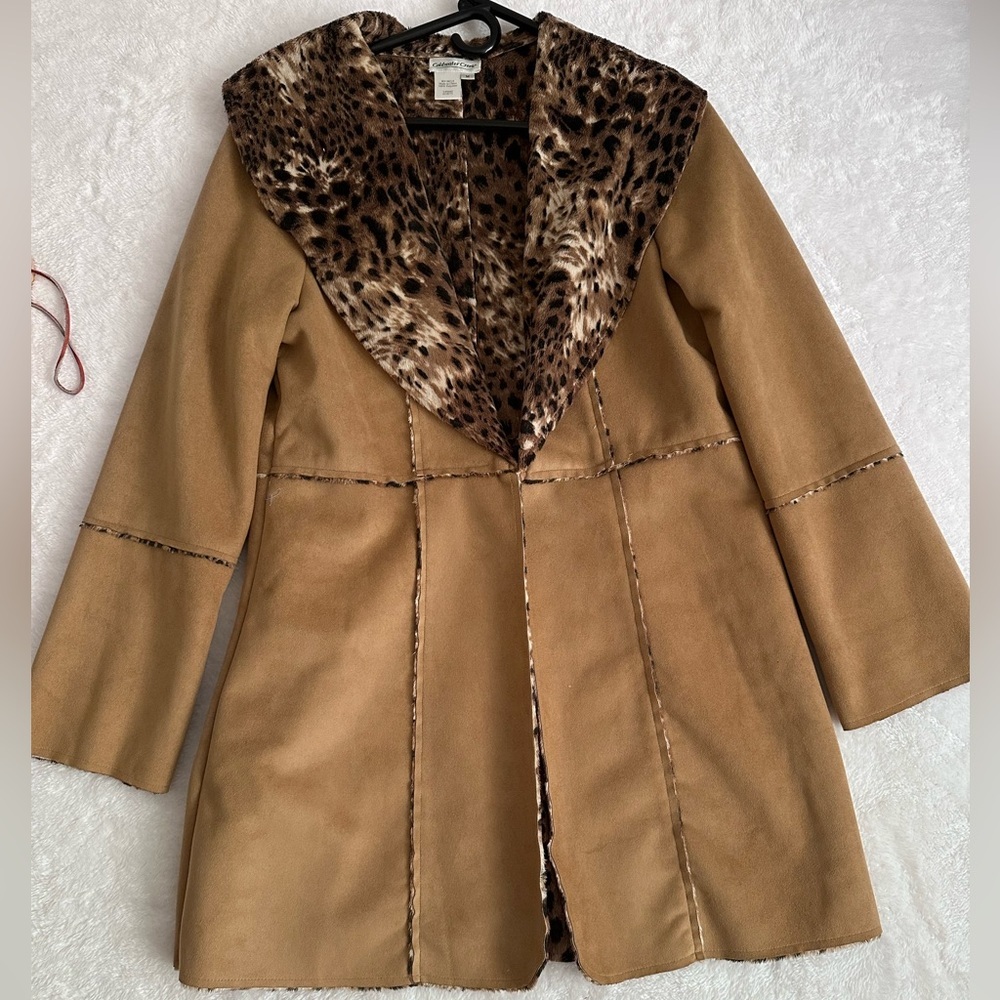 Coldwater Creek Faux Suede Leopard Print Trim Coat Tan Brown Size M